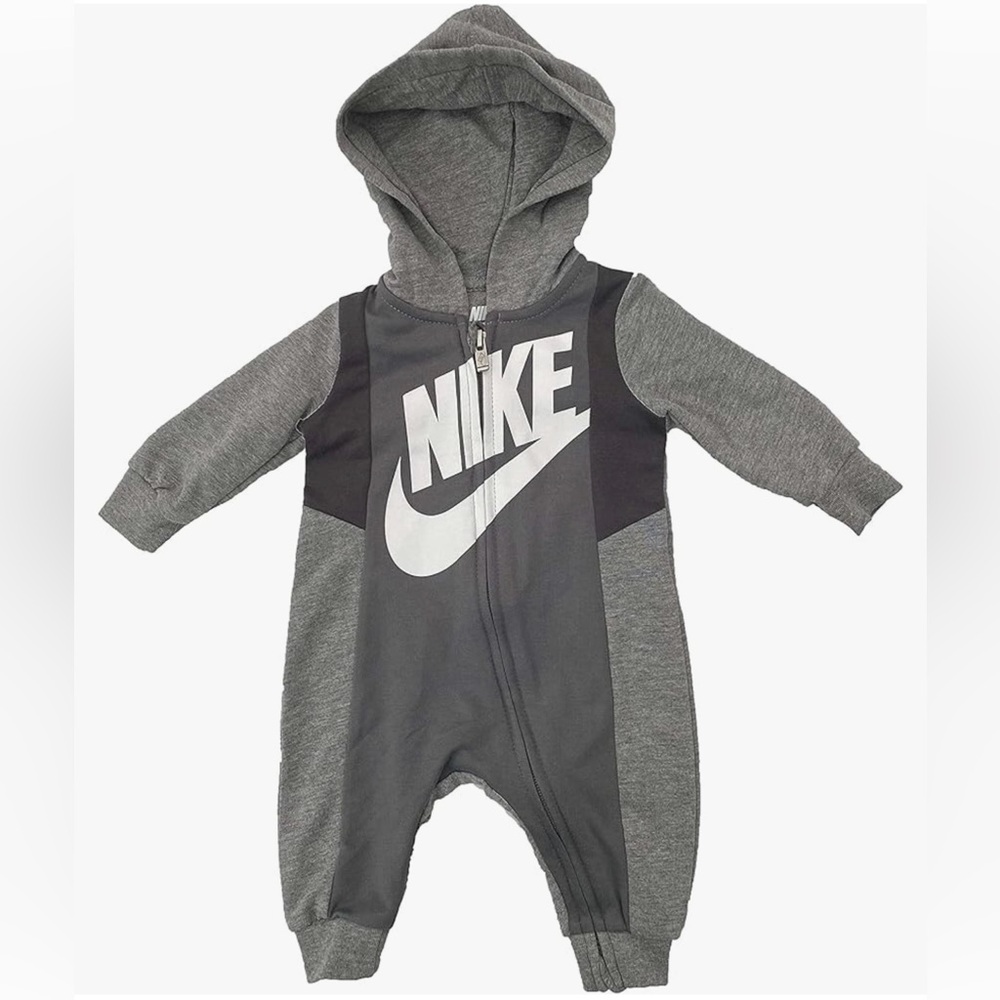 Nike Baby Heather Gray Hooded Coverall 6M Full Zip Long Sleeve One Piece Romper